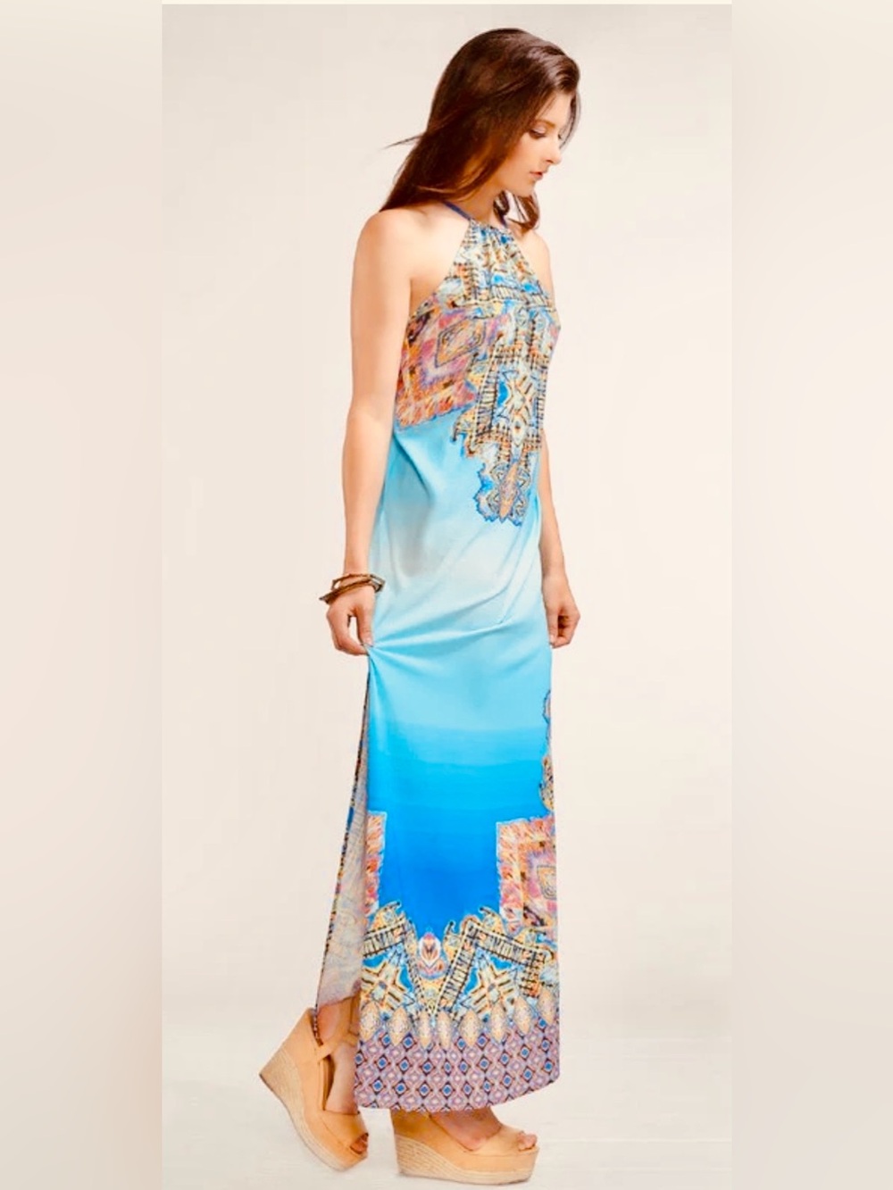 Flying Tomato Blue gradient Halter Maxi Dress with Ethnic Print